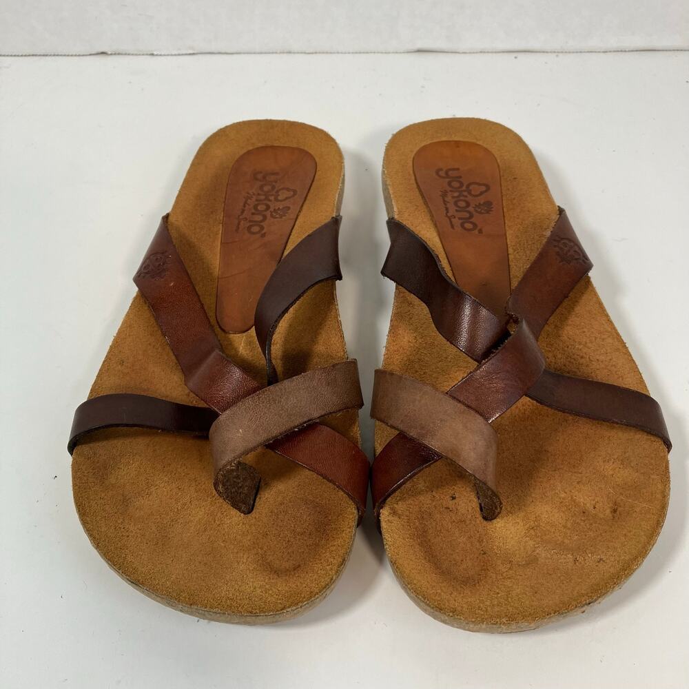 Yokono Sz 6 Brown Leather Comfort Sandals Toe Ring Cross Strap - Picture 6 of 16